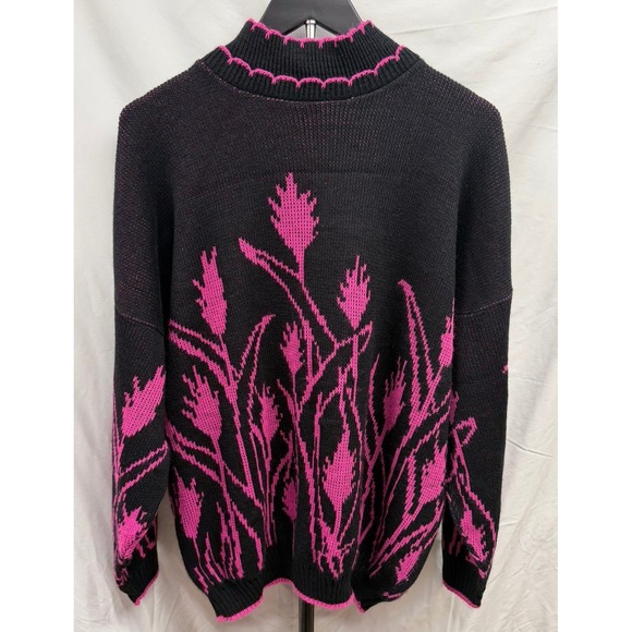 Vintage 80's PRIVATE EYES Black Pink Floral Knit Mock Neck Sweater Women's 22W